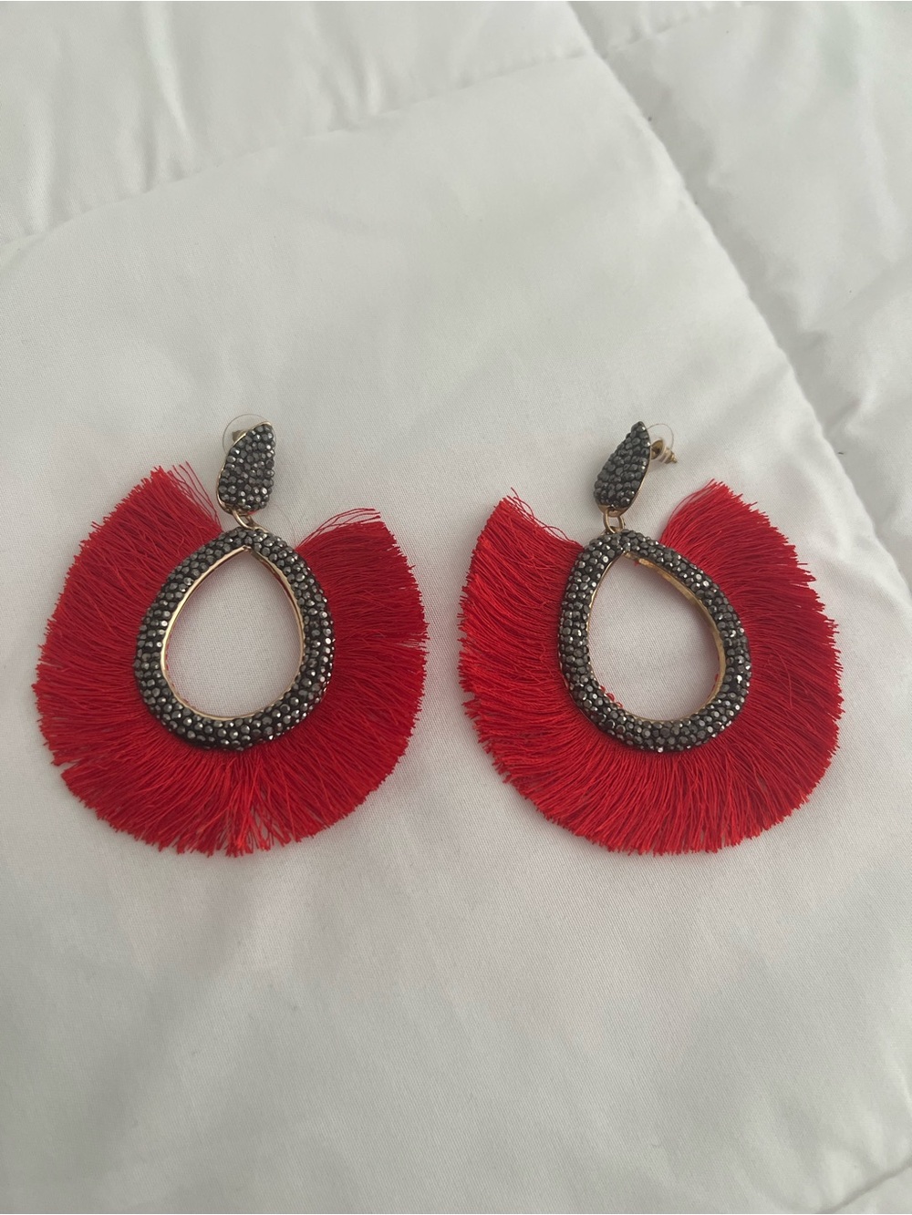 Red Fringe Teardrop Statement Earrings